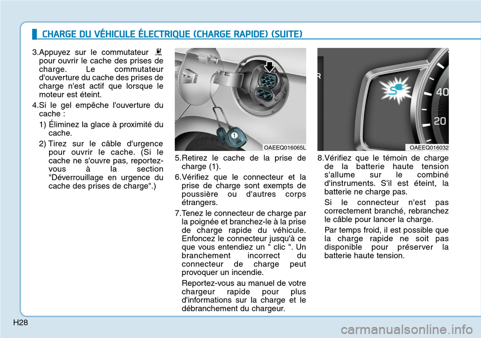 Hyundai Ioniq Electric 2018  Manuel du propriétaire (in French) H28
CHARGE DU VÉHICULE ÉLECTRIQUE (CHARGE RAPIDE) (SUITE)
3.Appuyez sur le commutateur 
pour ouvrir le cache des prises de
charge. Le commutateur
douverture du cache des prises de
charge nest acti