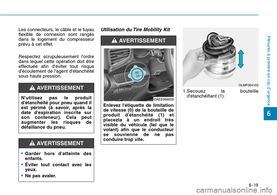Hyundai Ioniq Electric 2018  Manuel du propriétaire (in French) 6-19
Mesures à prendre en cas durgence 
6
Les connecteurs, le câble et le tuyau
flexible de connexion sont rangés
dans le logement du compresseur
prévu à cet effet.
Respectez scrupuleusement lo