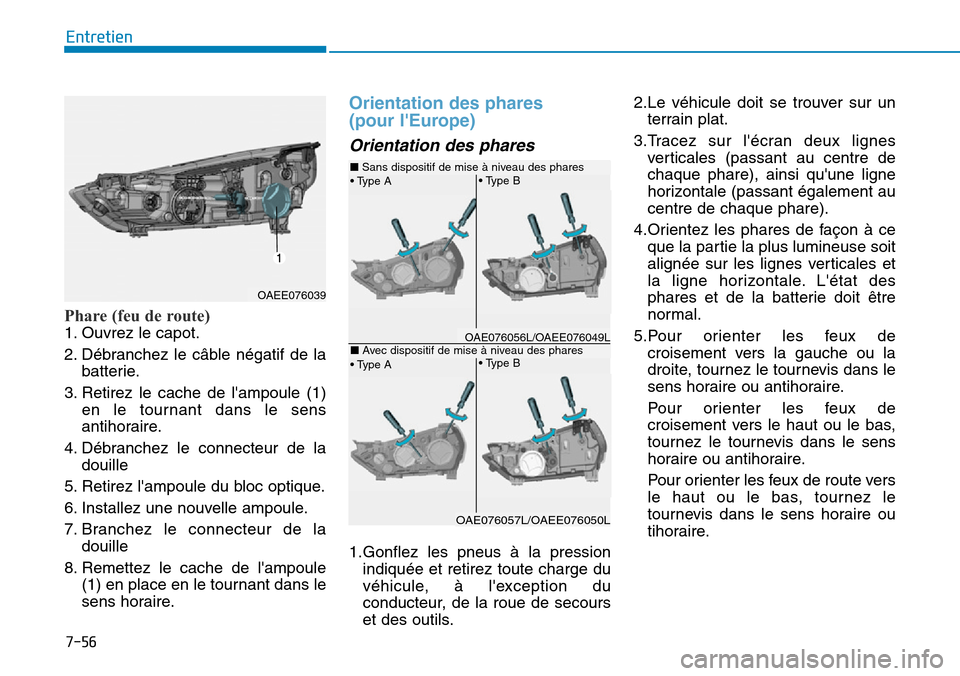 Hyundai Ioniq Electric 2018  Manuel du propriétaire (in French) 7-56
Entretien
Phare (feu de route)
1. Ouvrez le capot.
2. Débranchez le câble négatif de la
batterie.
3. Retirez le cache de lampoule (1)
en le tournant dans le sens
antihoraire.
4. Débranchez l