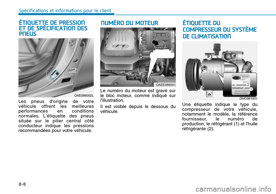 Hyundai Ioniq Electric 2018  Manuel du propriétaire (in French) 8-8
Spécifications et informations pour le client
Les pneus dorigine de votre
véhicule offrent les meilleures
performances en conditions
normales. Létiquette des pneus
située sur le pilier centr