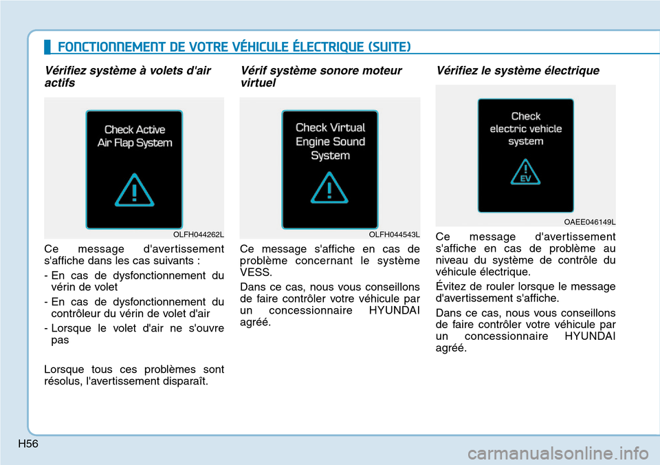 Hyundai Ioniq Electric 2018  Manuel du propriétaire (in French) H56
FONCTIONNEMENT DE VOTRE VÉHICULE ÉLECTRIQUE (SUITE)
Vérifiez système à volets dair
actifs 
Ce message davertissement
saffiche dans les cas suivants :
- En cas de dysfonctionnement du
véri