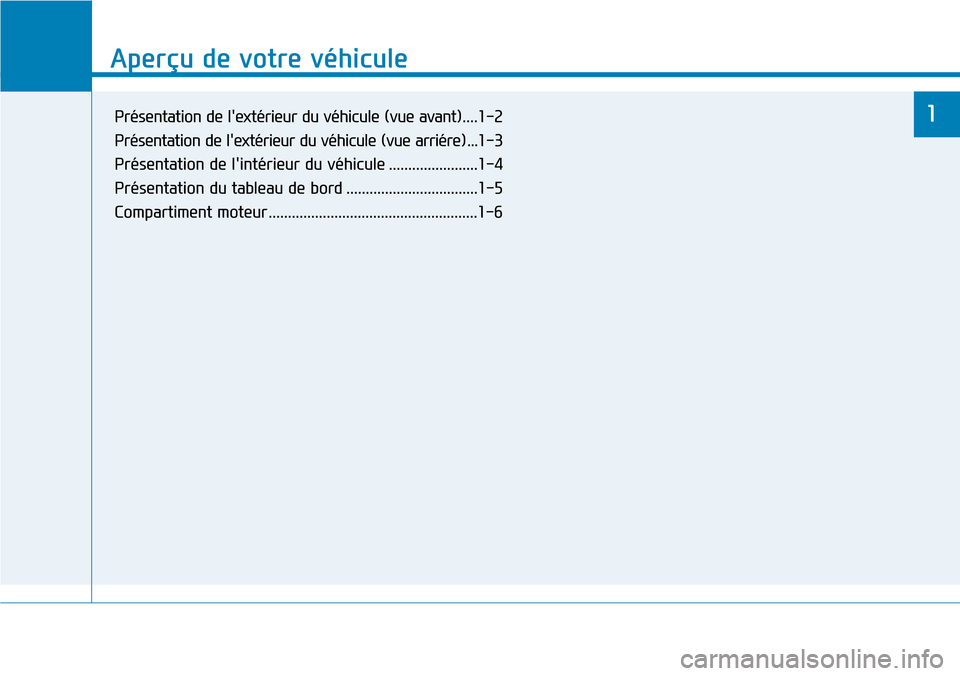 Hyundai Ioniq Electric 2018  Manuel du propriétaire (in French) Aperçu de votre véhicule
1
Aperçu de votre véhicule 
1Présentation de lextérieur du véhicule (vue avant)....1-2
Présentation de lextérieur du véhicule (vue arriére) ...1-3
Présentation d