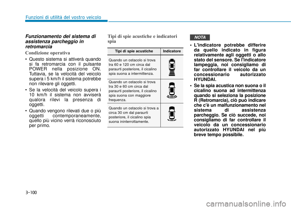 Hyundai Ioniq Electric 2018 Manuale del proprietario (in Italian) 3-100
Funzioni di utilità del vostro veicolo
Funzionamento del sistema diassistenza parcheggio inretromarcia
Condizione operativa
Questo sistema si attiverà quando
si fa retromarcia con il pulsante Hyundai Ioniq Electric 2018 Manuale del proprietario (in Italian) 3-100
Funzioni di utilità del vostro veicolo
Funzionamento del sistema diassistenza parcheggio inretromarcia
Condizione operativa
Questo sistema si attiverà quando
si fa retromarcia con il pulsante