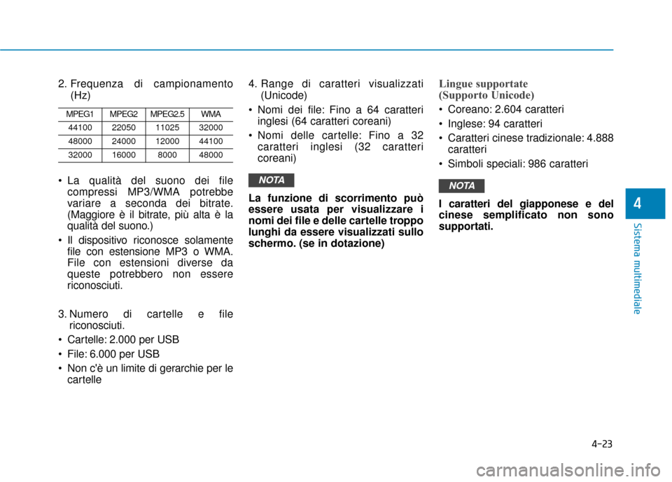 Hyundai Ioniq Electric 2018 Manuale del proprietario (in Italian) 4-23
Sistema multimediale
4
2. Frequenza di campionamento(Hz)
La qualità del suono dei file compressi MP3/WMA potrebbe
variare a seconda dei bitrate.
(Maggiore è il bitrate, più alta è la
qualit Hyundai Ioniq Electric 2018 Manuale del proprietario (in Italian) 4-23
Sistema multimediale
4
2. Frequenza di campionamento(Hz)
La qualità del suono dei file compressi MP3/WMA potrebbe
variare a seconda dei bitrate.
(Maggiore è il bitrate, più alta è la
qualit