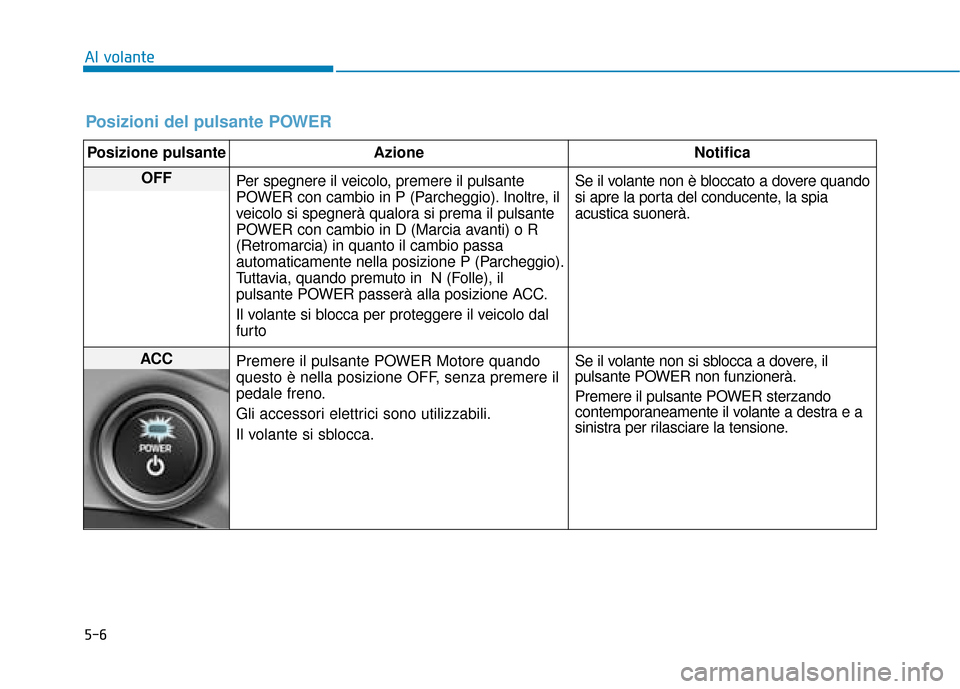 Hyundai Ioniq Electric 2018  Manuale del proprietario (in Italian) 5-6
Al volante
Posizioni del pulsante POWER
Posizione pulsanteAzione Notifica
OFF
Per spegnere il veicolo, premere il pulsante
POWER con cambio in P (Parcheggio). Inoltre, il
veicolo si spegnerà qual