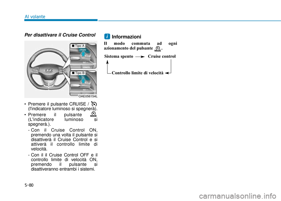 Hyundai Ioniq Electric 2018  Manuale del proprietario (in Italian) 5-80
Al volante
Per disattivare il Cruise Control
 Premere il pulsante CRUISE / (lindicatore luminoso si spegnerà).
 Premere il pulsante  (Lindicatore luminoso si
spegnerà.).
- Con il Cruise Contr