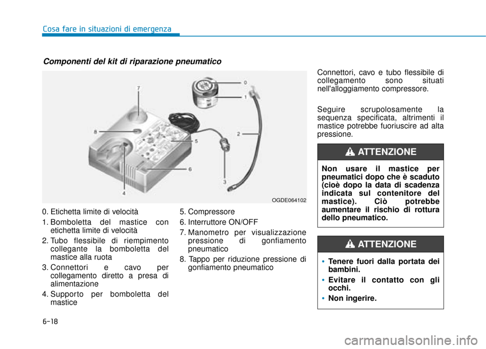 Hyundai Ioniq Electric 2018 Manuale del proprietario (in Italian) 6-18
Cosa fare in situazioni di emergenza
0. Etichetta limite di velocità
1. Bomboletta del mastice con etichetta limite di velocità
2. Tubo flessibile di riempimento collegante la bomboletta del
ma Hyundai Ioniq Electric 2018 Manuale del proprietario (in Italian) 6-18
Cosa fare in situazioni di emergenza
0. Etichetta limite di velocità
1. Bomboletta del mastice con etichetta limite di velocità
2. Tubo flessibile di riempimento collegante la bomboletta del
ma