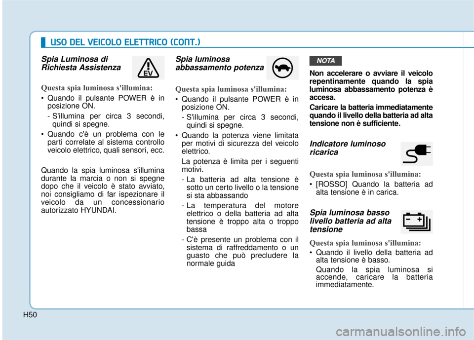 Hyundai Ioniq Electric 2018 Manuale del proprietario (in Italian) H50
U
US
SO
O
D
D E
EL
L
V
V E
EI
IC
C O
O L
LO
O
E
E L
LE
E T
T T
TR
R I
IC
C O
O
(
( C
C O
O N
NT
T.
.)
)
Spia Luminosa di
Richiesta Assistenza
Questa spia luminosa sillumina:
Quando Hyundai Ioniq Electric 2018 Manuale del proprietario (in Italian) H50
U
US
SO
O
D
D E
EL
L
V
V E
EI
IC
C O
O L
LO
O
E
E L
LE
E T
T T
TR
R I
IC
C O
O
(
( C
C O
O N
NT
T.
.)
)
Spia Luminosa di
Richiesta Assistenza
Questa spia luminosa sillumina:
Quando