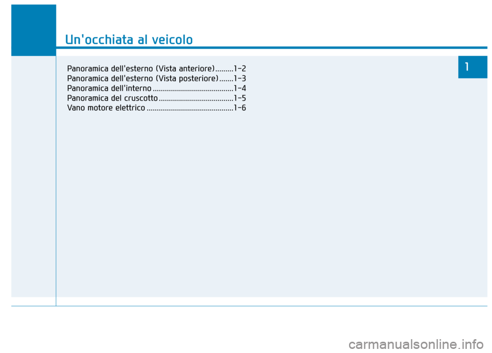 Hyundai Ioniq Electric 2018  Manuale del proprietario (in Italian) Unocchiata al veicolo
1
Unocchiata al veicolo
1Panoramica dellesterno (Vista anteriore) .........1-2
Panoramica dellesterno (Vista posteriore) .......1-3
Panoramica dellinterno ..................