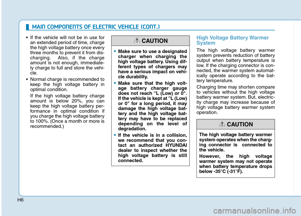 Hyundai Ioniq Electric 2017 Owners Manual H6
If the vehicle will not be in use foran extended period of time, charge
the high voltage battery once every
three months to prevent it from dis-
charging. Also, if the chargeamount is not enough, Hyundai Ioniq Electric 2017 Owners Manual H6
If the vehicle will not be in use foran extended period of time, charge
the high voltage battery once every
three months to prevent it from dis-
charging. Also, if the chargeamount is not enough,