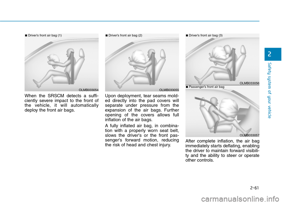 Hyundai Ioniq Electric 2017  Owners Manual 2-61
Safety system of your vehicle
2
When the SRSCM detects a suffi- 
ciently severe impact to the front of
the vehicle, it will automatically
deploy the front air bags.Upon deployment, tear seams mol