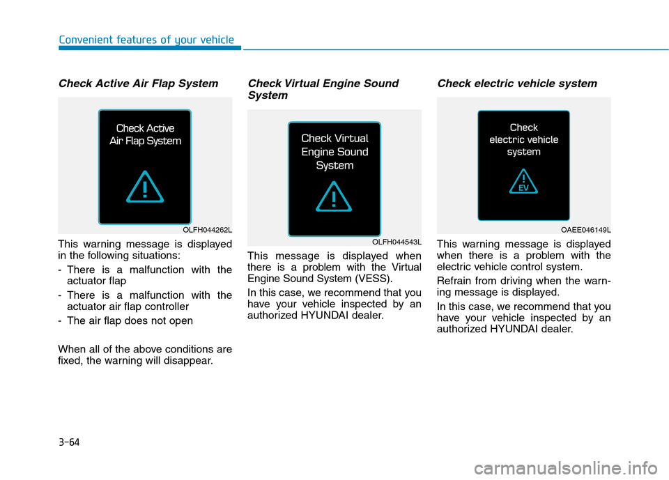 Hyundai Ioniq Electric 2017  Owners Manual 3-64
Check Active Air Flap System
This warning message is displayed 
in the following situations: 
- There is a malfunction with theactuator flap 
- There is a malfunction with the actuator air flap c