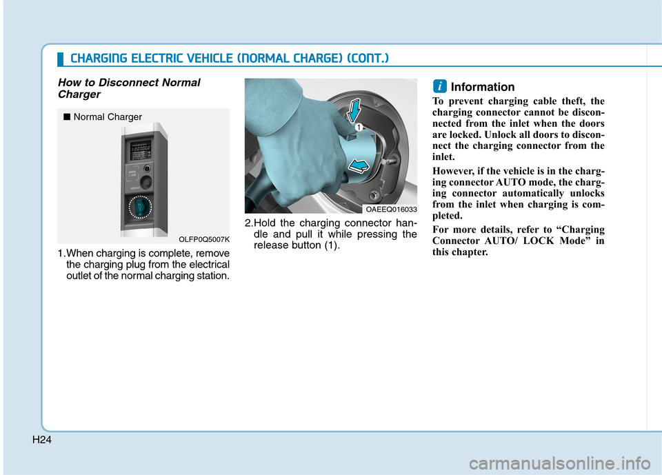 Hyundai Ioniq Electric 2017  Owners Manual H24
How to Disconnect NormalCharger
1.When charging is complete, remove the charging plug from the electrical 
outlet of the normal charging station. 2.Hold the charging connector han-
dle and pull it