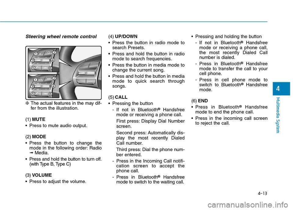 Hyundai Ioniq Electric 2017  Owners Manual 4-13
Multimedia System
4
Multimedia System
Steering wheel remote control
❈The actual features in the may dif-
fer from the illustration.
(1) MUTE
 Press to mute audio output. (2) MODE
 Press the but