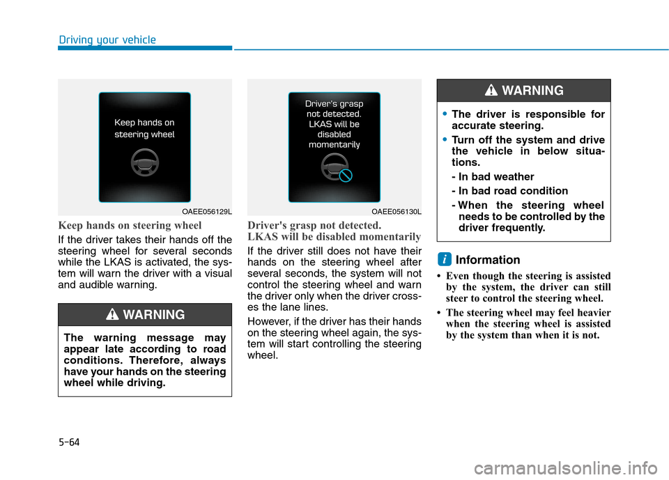 Hyundai Ioniq Electric 2017  Owners Manual 5-64
Driving your vehicle
Keep hands on steering wheel
If the driver takes their hands off the 
steering wheel for several seconds
while the LKAS is activated, the sys-
tem will warn the driver with a