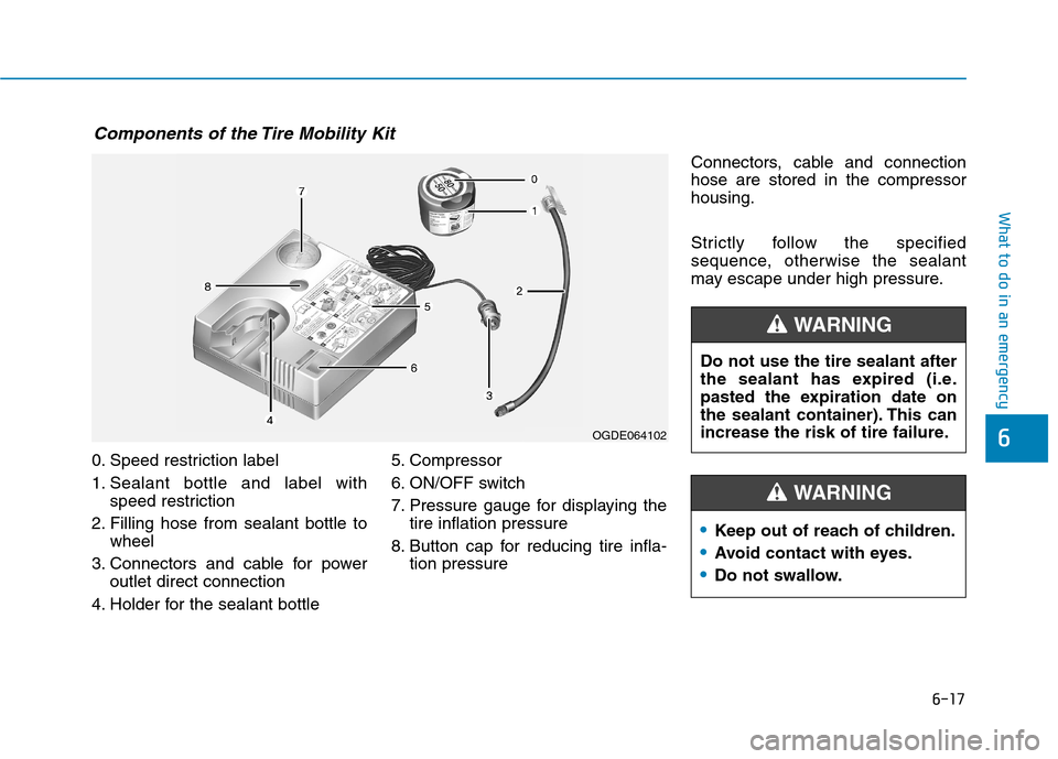 Hyundai Ioniq Electric 2017  Owners Manual 6-17
What to do in an emergency
6
0. Speed restriction label 
1. Sealant bottle and label withspeed restriction
2. Filling hose from sealant bottle to wheel
3. Connectors and cable for power outlet di