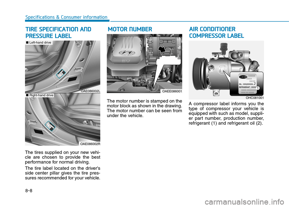 Hyundai Ioniq Electric 2017  Owners Manual 8-8
Specifications & Consumer information
The tires supplied on your new vehi- 
cle are chosen to provide the best
performance for normal driving. 
The tire label located on the drivers 
side center 