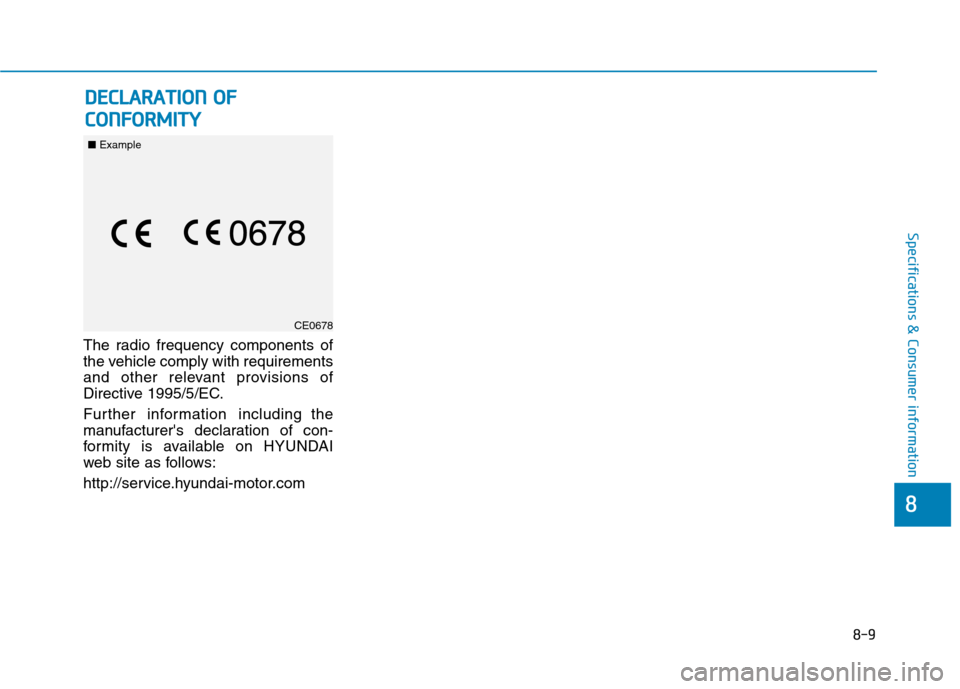 Hyundai Ioniq Electric 2017  Owners Manual 8-9
8
Specifications & Consumer information
The radio frequency components of 
the vehicle comply with requirements
and other relevant provisions of
Directive 1995/5/EC. 
Further information including