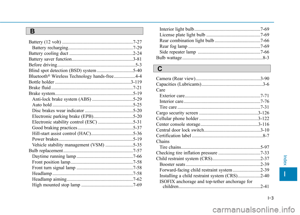 Hyundai Ioniq Electric 2017  Owners Manual I-3
Battery (12 volt) ...........................................................7-27
Battery recharging......................................................7-29
Battery cooling duct ................
