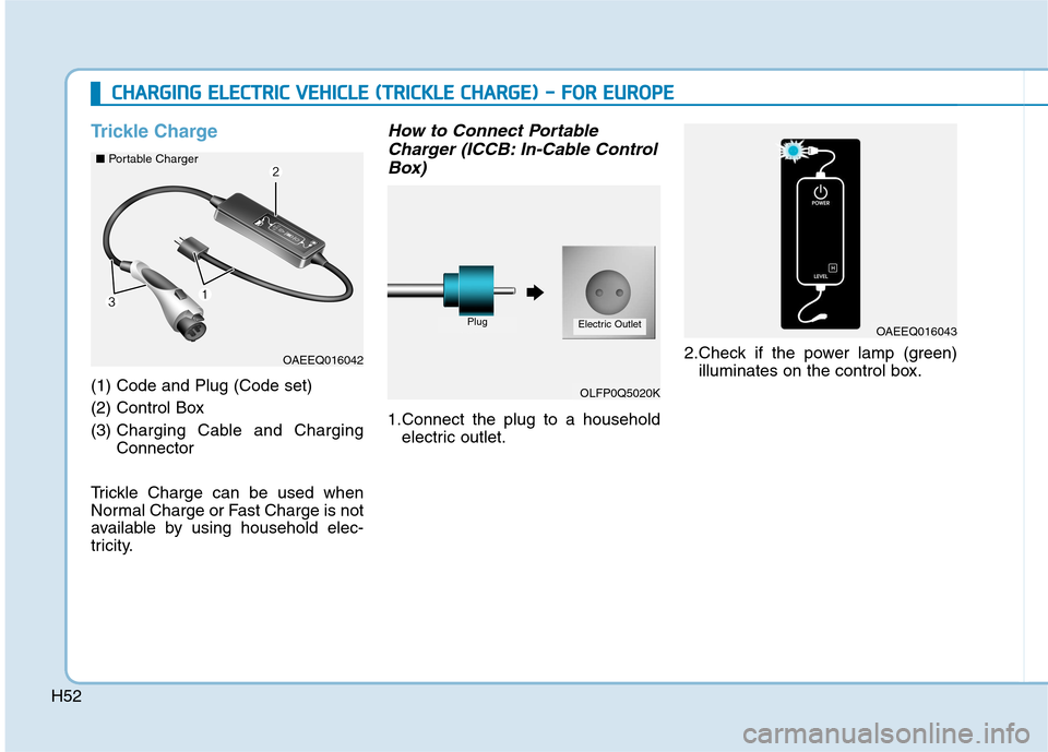 Hyundai Ioniq Electric 2017  Owners Manual H52
Trickle Charge
(1) Code and Plug (Code set)  
(2) Control Box(3) Charging Cable and Charging Connector
Trickle Charge can be used when
Normal Charge or Fast Charge is not
available by using househ