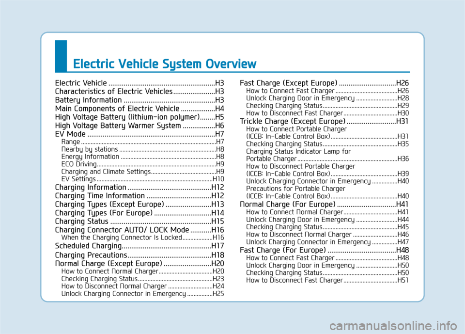 Hyundai Ioniq Electric 2017 Owners Manual EEllee ccttrr iicc VV eehh iicc llee SS yyssttee mm OO vvee rrvv iiee ww
Electric Vehicle ........................................................H3
Characteristics of Electric Vehicles ....... Hyundai Ioniq Electric 2017 Owners Manual EEllee ccttrr iicc VV eehh iicc llee SS yyssttee mm OO vvee rrvv iiee ww
Electric Vehicle ........................................................H3
Characteristics of Electric Vehicles .......