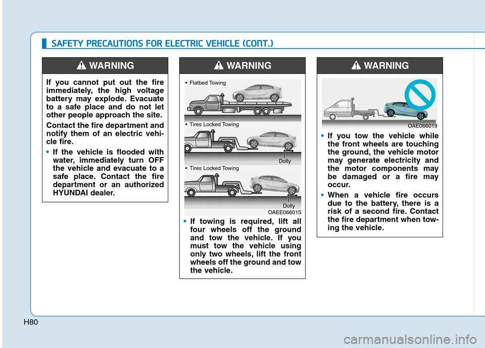Hyundai Ioniq Electric 2017 Owners Manual H80
SSAA FFEE TT YY PP RR EECCAA UU TTIIOO NNSS FF OO RR EE LLEE CCTT RR IICC VV EEHH IICC LLEE (( CC OO NNTT..))
If you cannot put out the fire
immediately, the high voltage
battery may expl Hyundai Ioniq Electric 2017 Owners Manual H80
SSAA FFEE TT YY PP RR EECCAA UU TTIIOO NNSS FF OO RR EE LLEE CCTT RR IICC VV EEHH IICC LLEE (( CC OO NNTT..))
If you cannot put out the fire
immediately, the high voltage
battery may expl