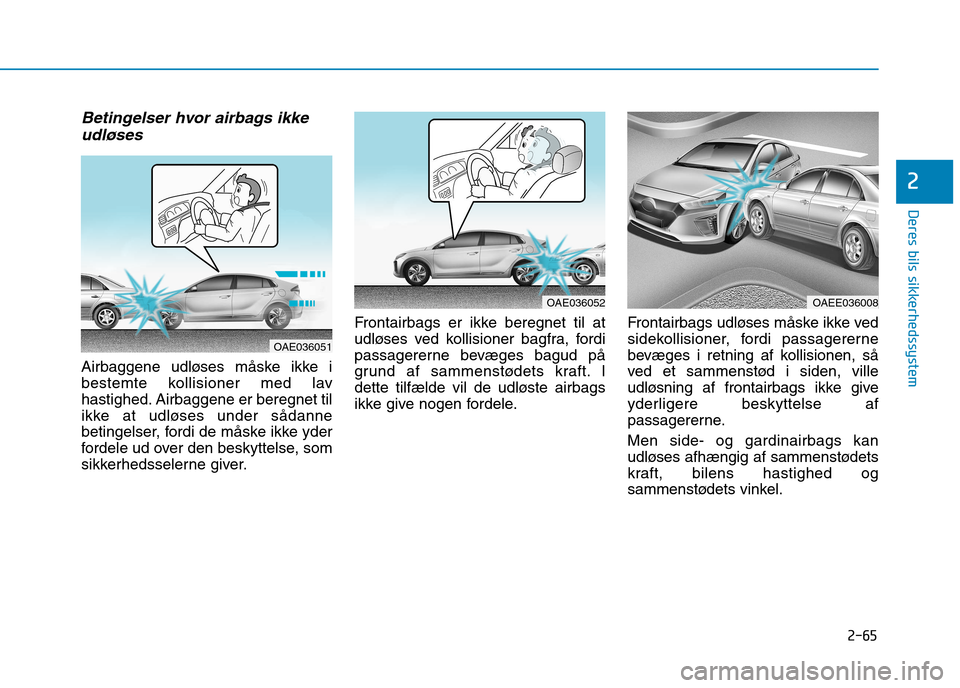 Hyundai Ioniq Electric 2017  Instruktionsbog (in Danish) 2-65
Deres bils sikkerhedssystem
2
Betingelser hvor airbags ikkeudløses 
Airbaggene udløses måske ikke i 
bestemte kollisioner med lav
hastighed. Airbaggene er beregnet til
ikke at udløses under s