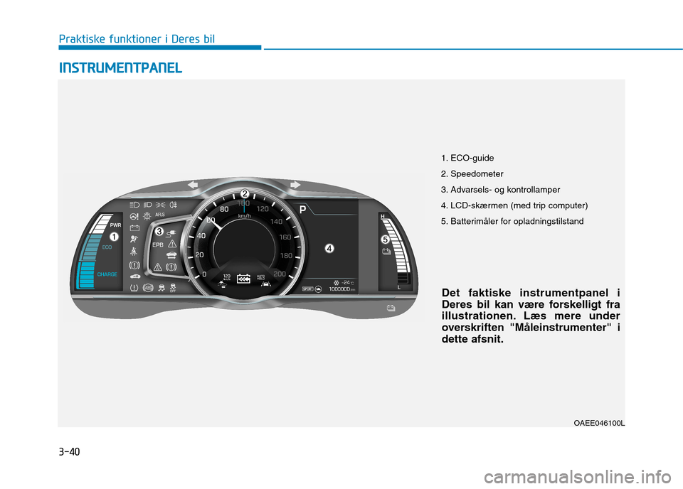 Hyundai Ioniq Electric 2017  Instruktionsbog (in Danish) 3-40
Praktiske funktioner i Deres bilI
I NN SSTT RR UU MM EENN TTPP AA NN EELL
1. ECO-guide 
2. Speedometer
3. Advarsels- og kontrollamper 
4. LCD-skærmen (med trip computer)
5. Batterimåler for opl
