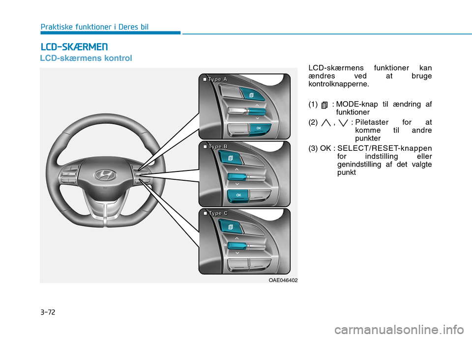 Hyundai Ioniq Electric 2017  Instruktionsbog (in Danish) 3-72
Praktiske funktioner i Deres bil
LCD-skærmens kontrol
LCD-skærmens funktioner kan 
ændres ved at bruge
kontrolknapperne. 
(1)  : MODE-knap til ændring affunktioner
(2) , : Piletaster for at k
