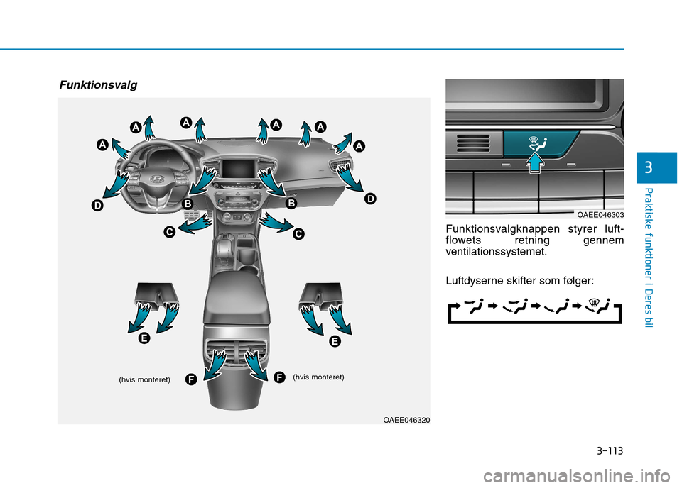 Hyundai Ioniq Electric 2017  Instruktionsbog (in Danish) 3-113
Praktiske funktioner i Deres bil
3
Funktionsvalgknappen styrer luft- 
flowets retning gennem
ventilationssystemet. 
Luftdyserne skifter som følger:
OAEE046320
(hvis monteret)
(hvis monteret)
OA