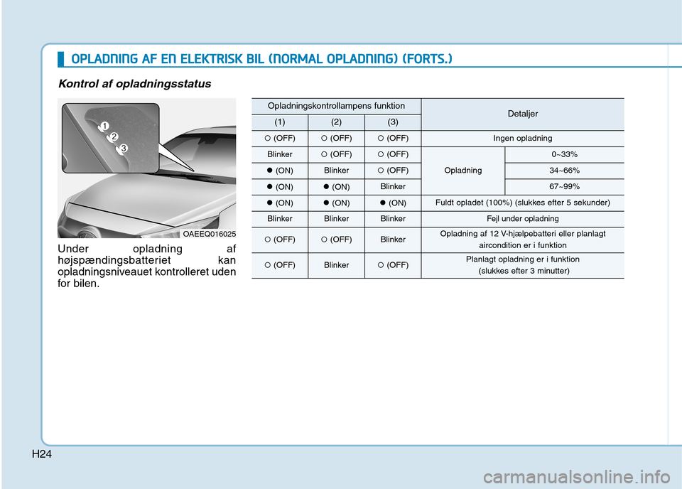 Hyundai Ioniq Electric 2017  Instruktionsbog (in Danish) H24
Kontrol af opladningsstatus 
Under opladning af 
højspændingsbatteriet kan
opladningsniveauet kontrolleret uden
for bilen.
OAEEQ016025
OOPPLLAA DDNN IINN GG  AA FF  EE NN   EE LLEE KK TTRR IISS 