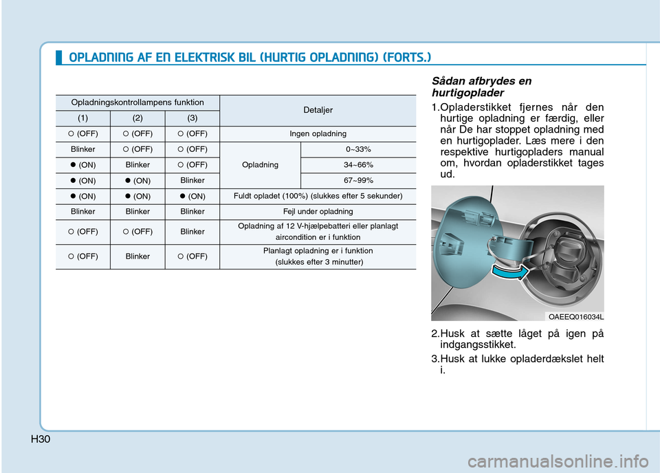 Hyundai Ioniq Electric 2017  Instruktionsbog (in Danish) H30
Sådan afbrydes enhurtigoplader
1.Opladerstikket fjernes når den hurtige opladning er færdig, eller når De har stoppet opladning med
en hurtigoplader. Læs mere i den
respektive hurtigopladers 