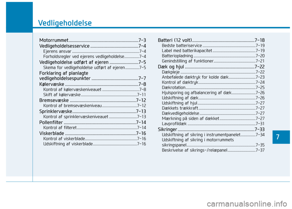 Hyundai Ioniq Electric 2017  Instruktionsbog (in Danish) 7
Vedligeholdelse
7
Vedligeholdelse
Motorrummet ..........................................................7-3 
Vedligeholdelsesservice ........................................7-4Ejerens ansvar .......