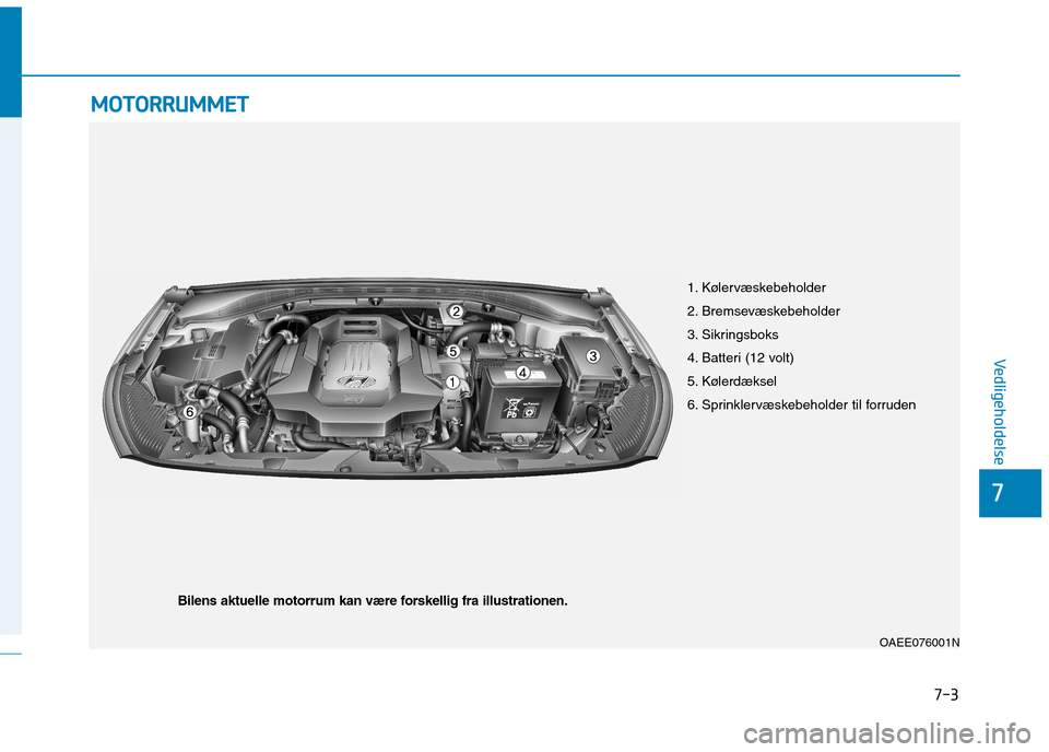 Hyundai Ioniq Electric 2017  Instruktionsbog (in Danish) 7-3
7
Vedligeholdelse
MMOOTTOO RRRR UU MM MMEETT
1. Kølervæskebeholder 
2. Bremsevæskebeholder 
3. Sikringsboks 
4. Batteri (12 volt) 
5. Kølerdæksel 
6. Sprinklervæskebeholder til forruden
OAEE
