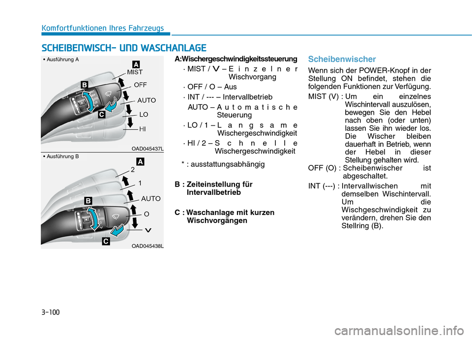 Hyundai Ioniq Electric 2017  Betriebsanleitung (in German) 3-100
Komfortfunktionen Ihres Fahrzeugs
A:Wischergeschwindigkeitssteuerung· MIST / 
V– EinzelnerWischvorgang
· OFF / O – Aus 
· INT / --- – Intervallbetrieb AUTO – Automatische Steuerung
·
