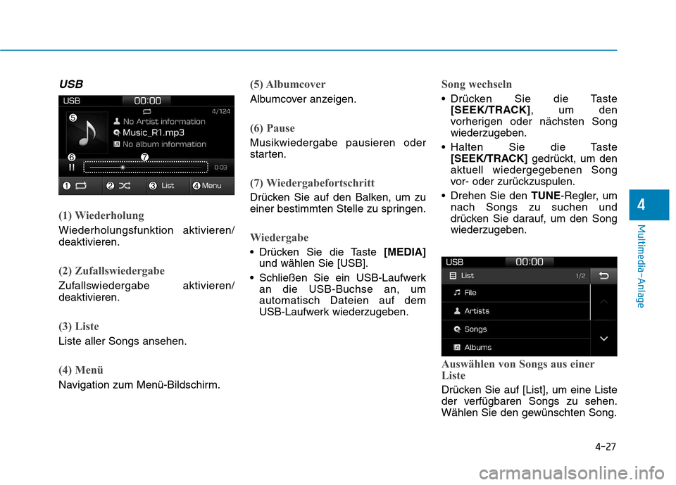 Hyundai Ioniq Electric 2017 Betriebsanleitung (in German) 4-27
Multimedia-Anlage
4
USB
(1) Wiederholung
Wiederholungsfunktion aktivieren/ deaktivieren.
(2) Zufallswiedergabe
Zufallswiedergabe aktivieren/ deaktivieren.
(3) Liste
Liste aller Songs ansehen.
(4 Hyundai Ioniq Electric 2017 Betriebsanleitung (in German) 4-27
Multimedia-Anlage
4
USB
(1) Wiederholung
Wiederholungsfunktion aktivieren/ deaktivieren.
(2) Zufallswiedergabe
Zufallswiedergabe aktivieren/ deaktivieren.
(3) Liste
Liste aller Songs ansehen.
(4