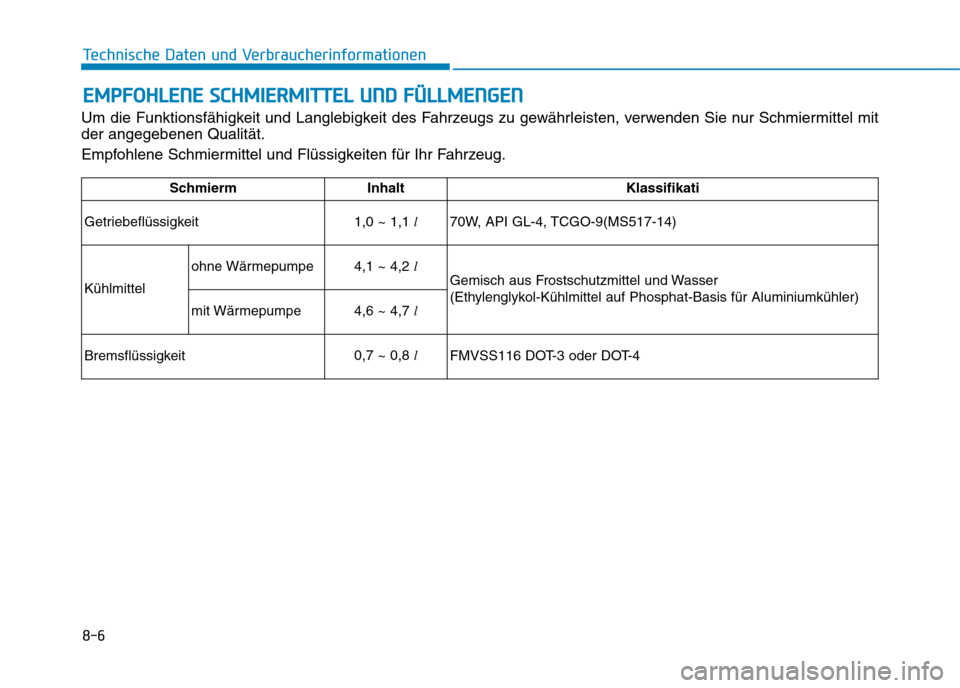 Hyundai Ioniq Electric 2017  Betriebsanleitung (in German) 8-6
Technische Daten und VerbraucherinformationenE
E MM PPFFOO HHLLEE NN EE  SS CC HH MM IIEE RR MM IITT TTEELL  UU NNDD  FF ÜÜ LLLLMM EENN GGEENN
Um die Funktionsfähigkeit und Langlebigkeit des Fa
