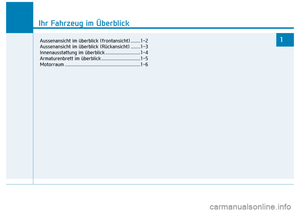 Hyundai Ioniq Electric 2017  Betriebsanleitung (in German) Ihr Fahrzeug im Überblick
1
Ihr Fahrzeug im Überblick
1Aussenansicht im überblick (frontansicht) ........1-2 
Aussenansicht im überblick (Rückansicht) ........1-3
Innenausstattung im überblick .