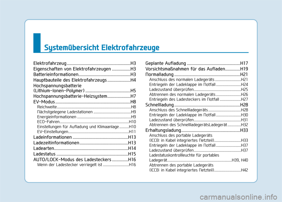 Hyundai Ioniq Electric 2017 Betriebsanleitung (in German) SSyyssttee mm üübbeerrss iicc hh tt EE llee kk ttrr oo ffaa hh rrzz ee uu ggee
Elektrofahrzeug .......................................................H3
Eigenschaften von Elektrofahrzeugen ....... Hyundai Ioniq Electric 2017 Betriebsanleitung (in German) SSyyssttee mm üübbeerrss iicc hh tt EE llee kk ttrr oo ffaa hh rrzz ee uu ggee
Elektrofahrzeug .......................................................H3
Eigenschaften von Elektrofahrzeugen .......