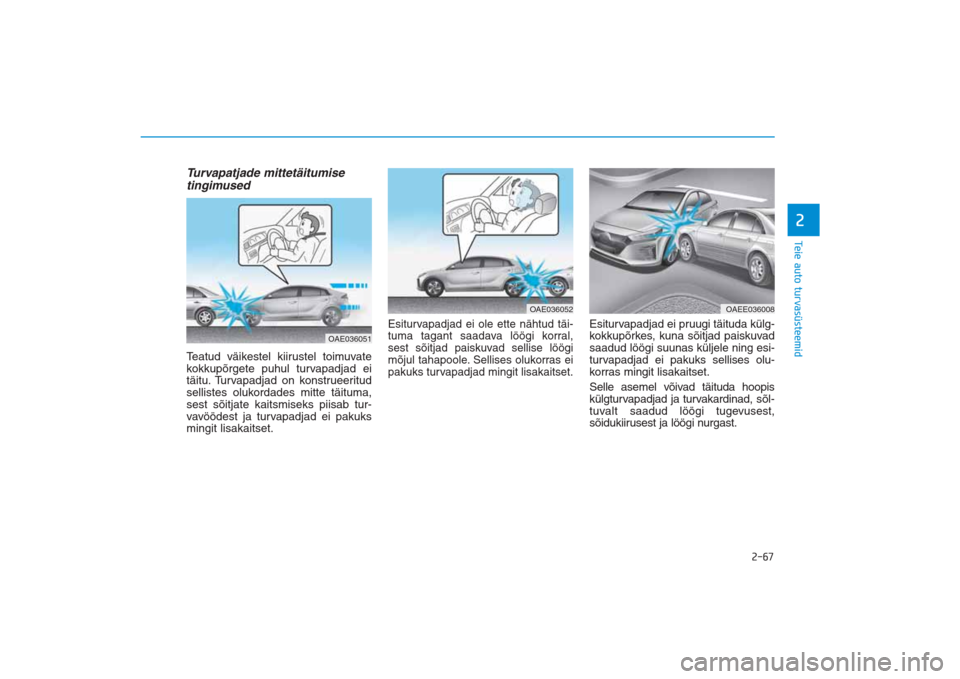 Hyundai Ioniq Electric 2017  Omaniku Käsiraamat (in Estonian) 2-67
Teie auto turvasüsteemid2
Turvapatjade mittetäitumise
tingimused Teatud väikestel kiirustel toimuvate
kokkupõrgete puhul turvapadjad ei
täitu. Turvapadjad on konstrueeritud
sellistes olukord