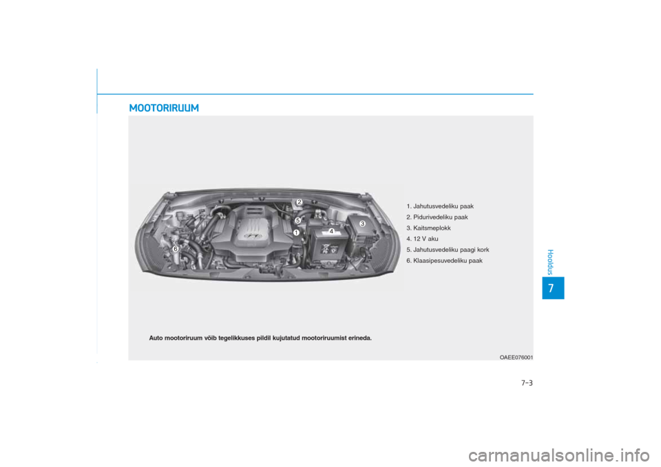 Hyundai Ioniq Electric 2017  Omaniku Käsiraamat (in Estonian) 7-3
7Hooldus
MOOTORIRUUM 
1. Jahutusvedeliku paak
2. Pidurivedeliku paak
3. Kaitsmeplokk
4. 12 V aku 
5. Jahutusvedeliku paagi kork
6. Klaasipesuvedeliku paak
OAEE076001
Auto mootoriruum võib tegelik
