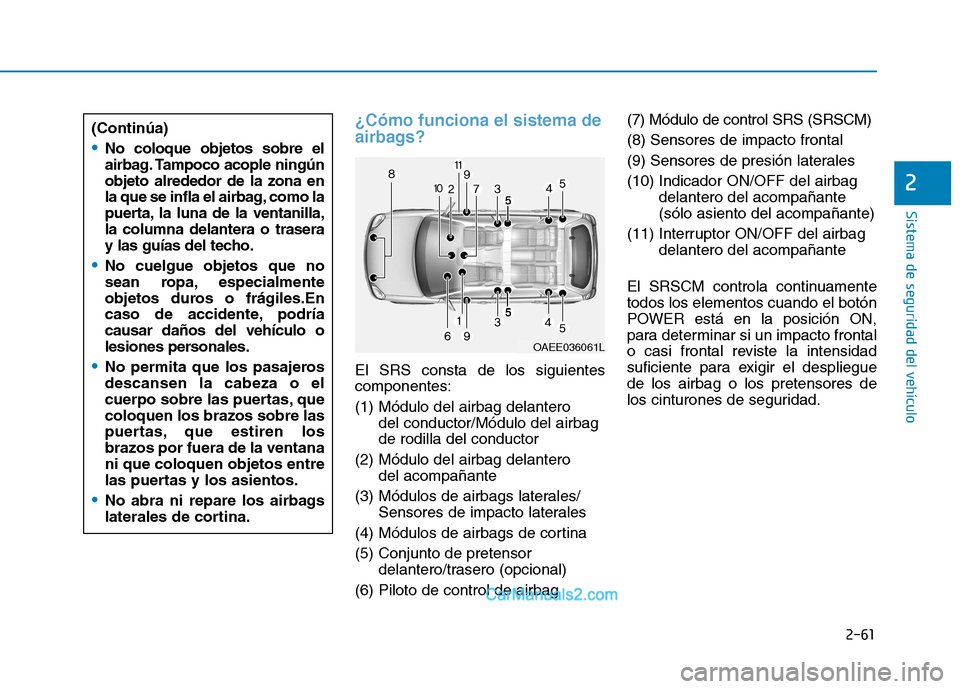 Hyundai Ioniq Electric 2017 Manual del propietario (in Spanish) 2-61
Sistema de seguridad del vehículo
2
¿Cómo funciona el sistema de
airbags?
El SRS consta de los siguientes componentes: (1) Módulo del airbag delanterodel conductor/Módulo del airbag de rodi Hyundai Ioniq Electric 2017 Manual del propietario (in Spanish) 2-61
Sistema de seguridad del vehículo
2
¿Cómo funciona el sistema de
airbags?
El SRS consta de los siguientes componentes: (1) Módulo del airbag delanterodel conductor/Módulo del airbag de rodi