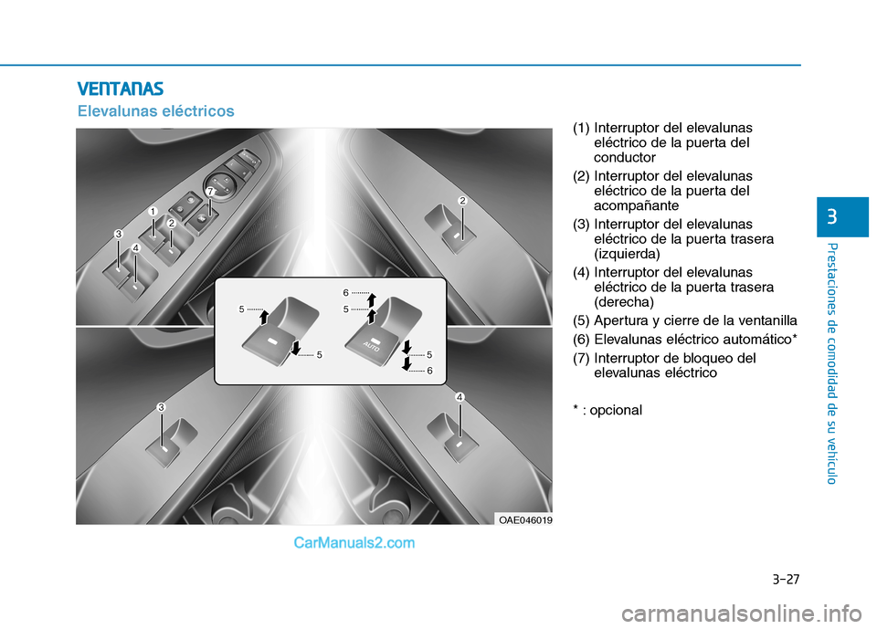 Hyundai Ioniq Electric 2017  Manual del propietario (in Spanish) 3-27
Prestaciones de comodidad de su vehículo 
3
(1) Interruptor del elevalunaseléctrico de la puerta del conductor
(2) Interruptor del elevalunas eléctrico de la puerta delacompañante
(3) Interru