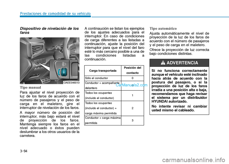 Hyundai Ioniq Electric 2017 Manual del propietario (in Spanish) 3-94
Prestaciones de comodidad de su vehículo
Dispositivo de nivelación de losfaros
Tipo manual
Para ajustar el nivel proyección de
luz de los faros de acuerdo con elnúmero de pasajeros y el pes Hyundai Ioniq Electric 2017 Manual del propietario (in Spanish) 3-94
Prestaciones de comodidad de su vehículo
Dispositivo de nivelación de losfaros
Tipo manual
Para ajustar el nivel proyección de
luz de los faros de acuerdo con elnúmero de pasajeros y el pes