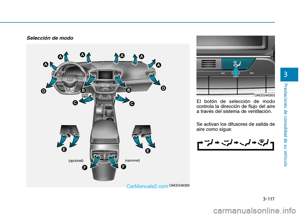 Hyundai Ioniq Electric 2017  Manual del propietario (in Spanish) 3-117
Prestaciones de comodidad de su vehículo 
3
El botón de selección de modo controla la dirección de flujo del aire
a través del sistema de ventilación. 
Se activan los difusores de salida d