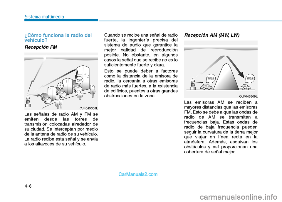 Hyundai Ioniq Electric 2017 Manual del propietario (in Spanish) 4-6
Sistema multimedia
¿Cómo funciona la radio del vehículo?
Recepción FM
Las señales de radio AM y FM se emiten desde las torres de
transmisión colocadas alrededor de
su ciudad. Se interceptan Hyundai Ioniq Electric 2017 Manual del propietario (in Spanish) 4-6
Sistema multimedia
¿Cómo funciona la radio del vehículo?
Recepción FM
Las señales de radio AM y FM se emiten desde las torres de
transmisión colocadas alrededor de
su ciudad. Se interceptan