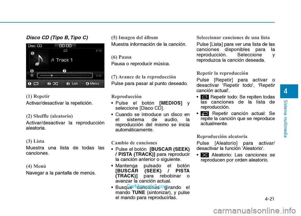 Hyundai Ioniq Electric 2017 Manual del propietario (in Spanish) 4-21
Sistema multimedia
4
Disco CD (Tipo B, Tipo C)
(1) Repetir
Activar/desactivar la repetición.
(2) Shuffle (aleatorio)
Activar/desactivar la reproducción
aleatoria.
(3) Lista
Muestra una lista d Hyundai Ioniq Electric 2017 Manual del propietario (in Spanish) 4-21
Sistema multimedia
4
Disco CD (Tipo B, Tipo C)
(1) Repetir
Activar/desactivar la repetición.
(2) Shuffle (aleatorio)
Activar/desactivar la reproducción
aleatoria.
(3) Lista
Muestra una lista d
