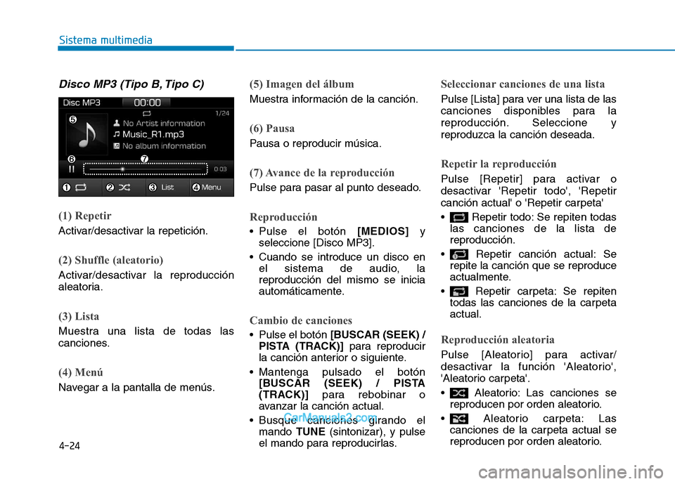 Hyundai Ioniq Electric 2017 Manual del propietario (in Spanish) 4-24
Sistema multimedia
Disco MP3 (Tipo B, Tipo C)
(1) Repetir
Activar/desactivar la repetición.
(2) Shuffle (aleatorio)
Activar/desactivar la reproducción
aleatoria.
(3) Lista
Muestra una lista de Hyundai Ioniq Electric 2017 Manual del propietario (in Spanish) 4-24
Sistema multimedia
Disco MP3 (Tipo B, Tipo C)
(1) Repetir
Activar/desactivar la repetición.
(2) Shuffle (aleatorio)
Activar/desactivar la reproducción
aleatoria.
(3) Lista
Muestra una lista de