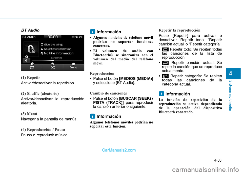 Hyundai Ioniq Electric 2017  Manual del propietario (in Spanish) 4-33
Sistema multimedia
4
BT Audio
(1) Repetir
Activar/desactivar la repetición.
(2) Shuffle (aleatorio)
Activar/desactivar la reproducción 
aleatoria.
(3) Menú
Navegar a la pantalla de menús.
(4)