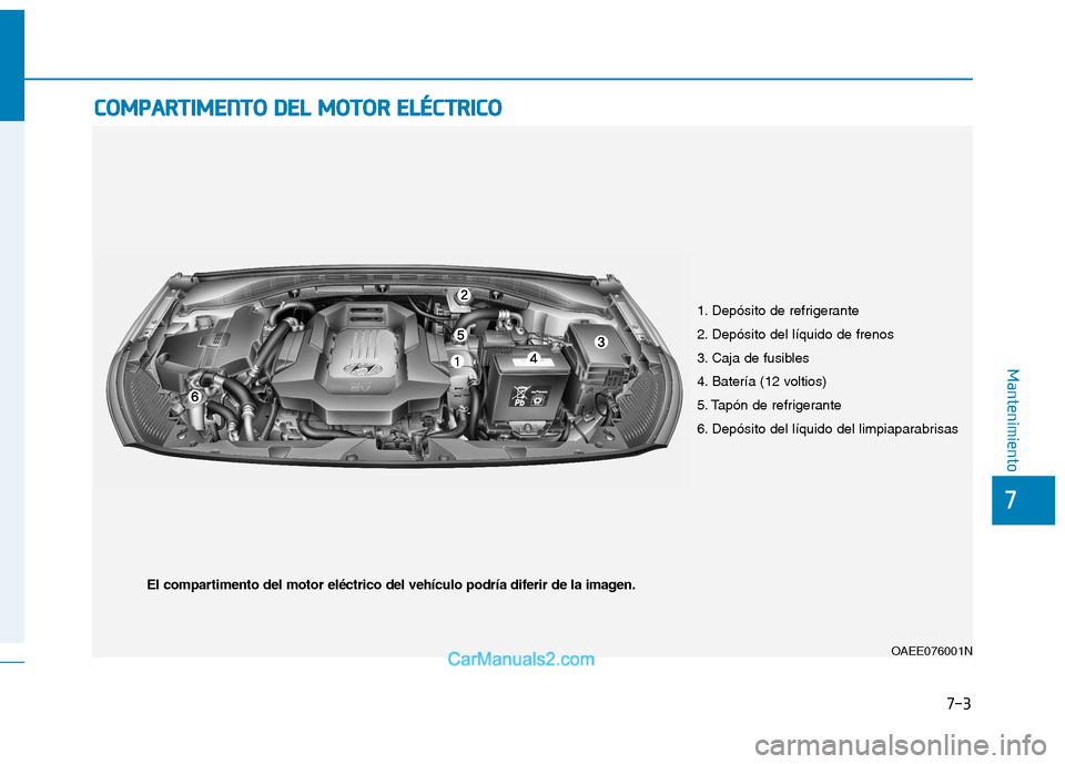 Hyundai Ioniq Electric 2017  Manual del propietario (in Spanish) 7-3
7
Mantenimiento
CCOO MM PPAA RRTTIIMM EENN TTOO   DD EELL  MM OOTTOO RR  EE LLÉÉ CCTT RR IICC OO
1. Depósito de refrigerante 
2. Depósito del líquido de frenos
3. Caja de fusibles
4. Batería